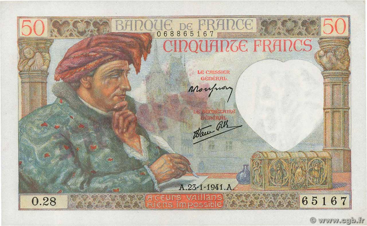 50 Francs JACQUES CŒUR FRANCE  1941 F.19.05 SPL+