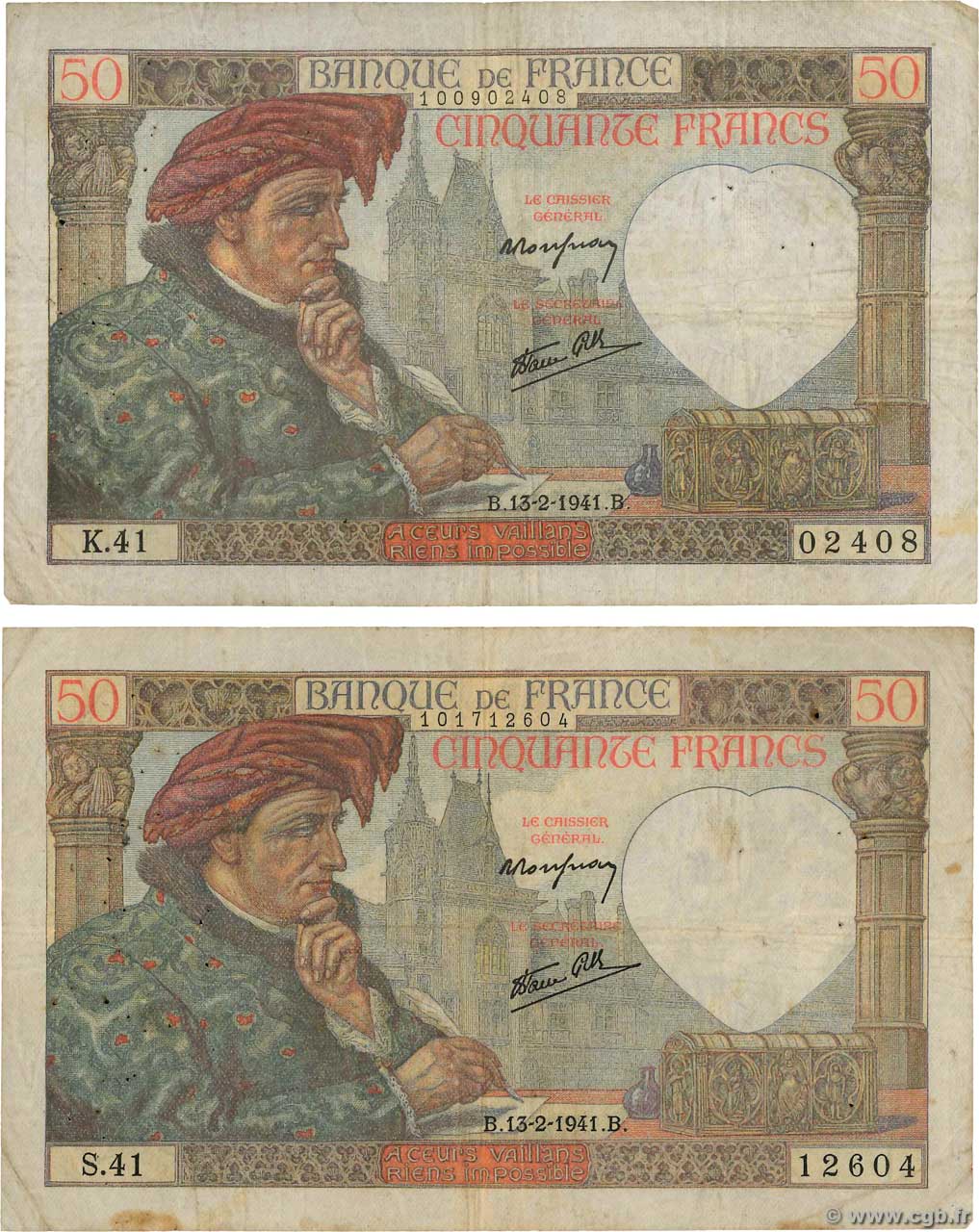 50 Francs JACQUES CŒUR Lot FRANCIA  1941 F.19.06 q.MB