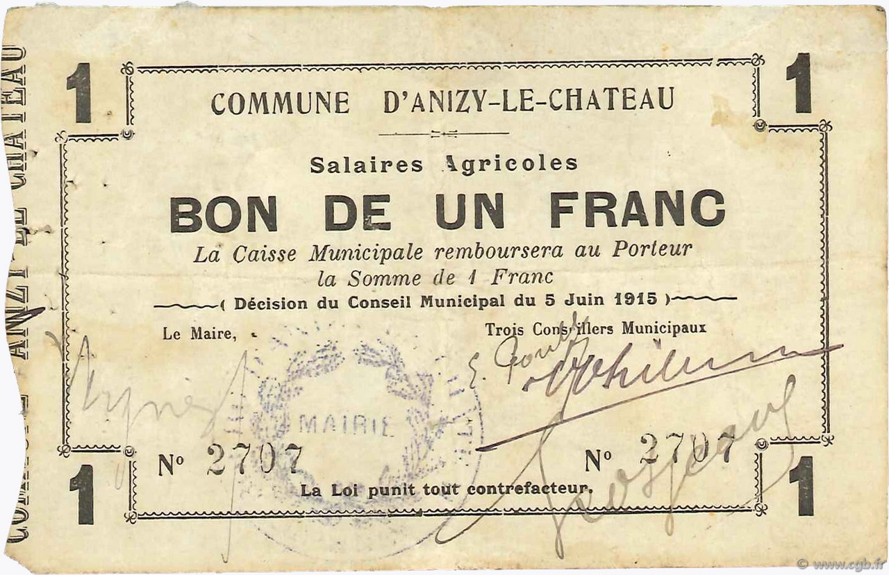 1 Franc FRANCE regionalism and various  1915 JP.02-0038 VF-