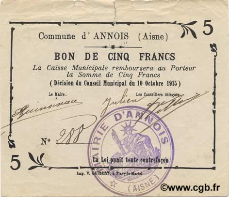 5 Francs FRANCE regionalism and various  1915 JP.02-0047 VF+