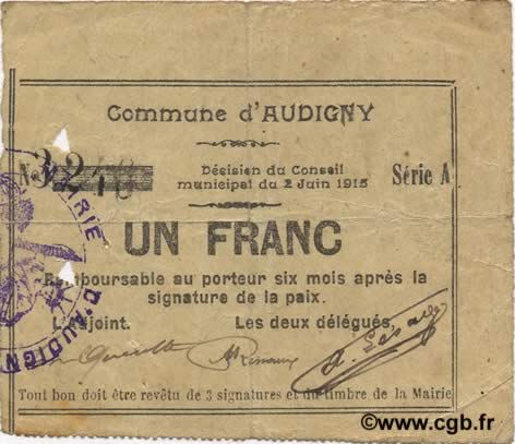 1 Franc FRANCE regionalism and various  1915 JP.02-0089 VF
