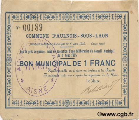1 Franc FRANCE regionalism and various  1915 JP.02-0095 VF-