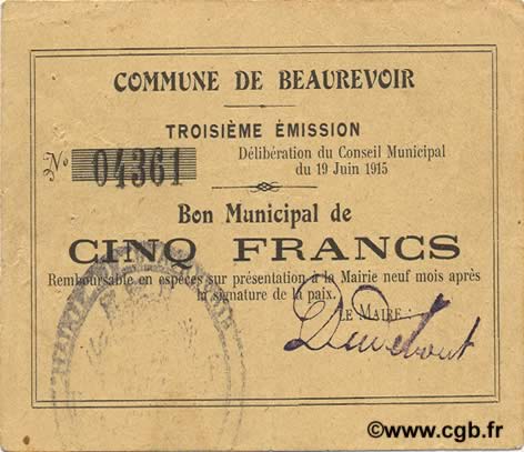 5 Francs FRANCE Regionalismus und verschiedenen  1915 JP.02-0152 SS