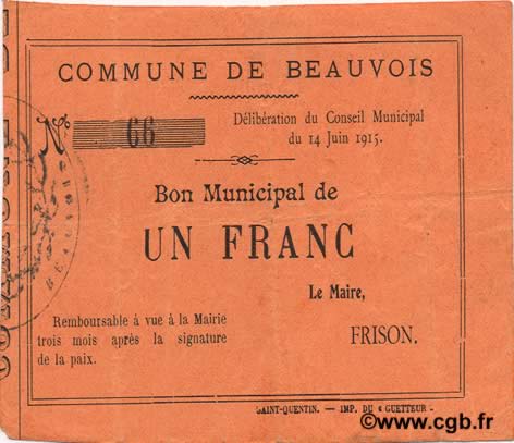 1 Franc FRANCE regionalismo e varie  1915 JP.02-0158 BB