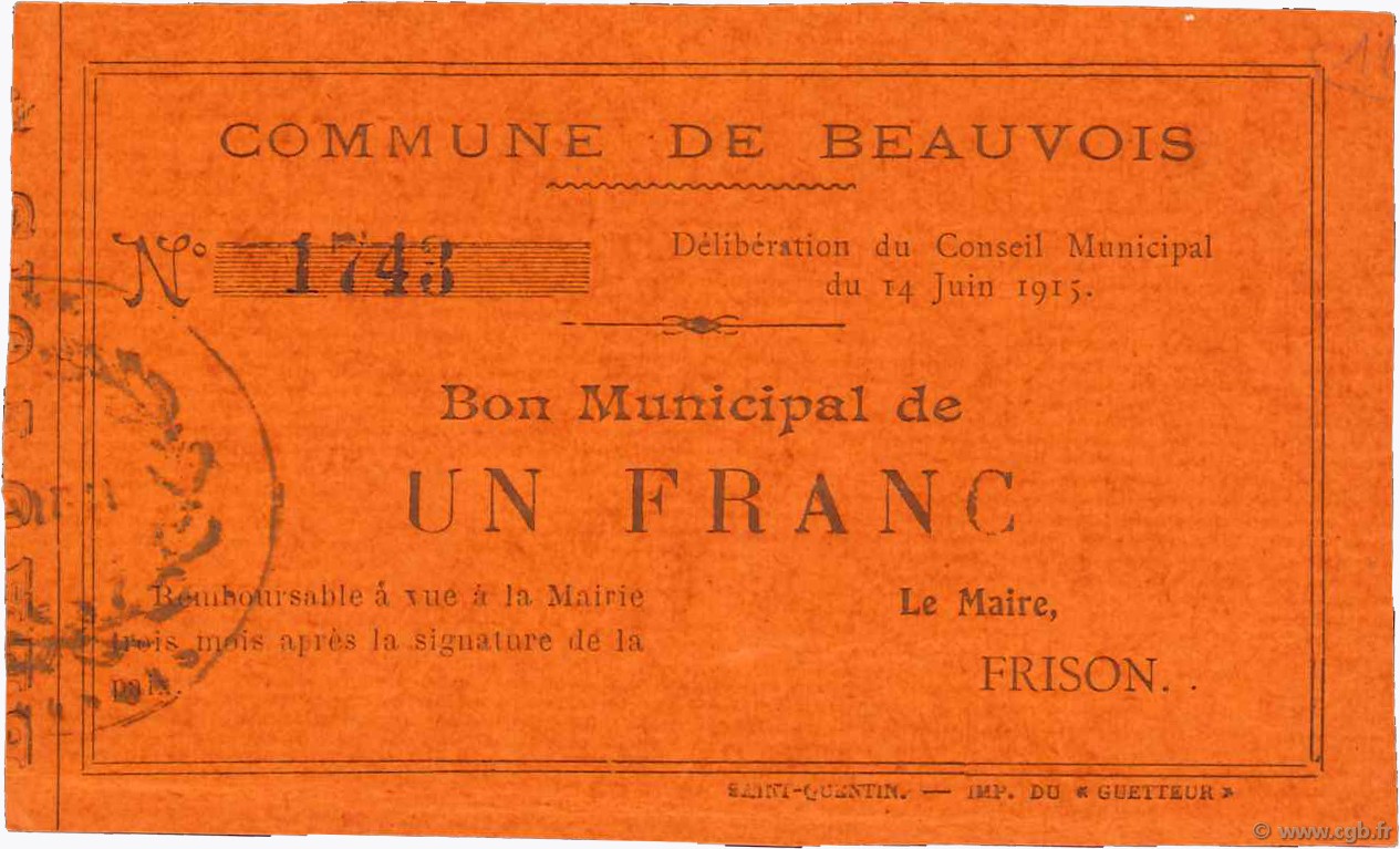 1 Franc FRANCE regionalismo y varios  1915 JP.02-0162 SC+