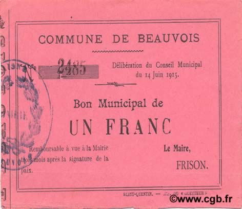 1 Franc FRANCE regionalism and various  1915 JP.02-0163 AU