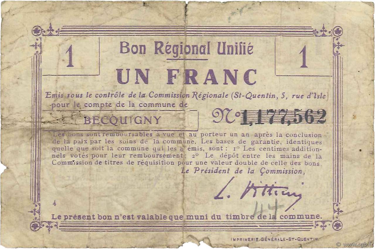 1 Franc FRANCE Regionalismus und verschiedenen  1916 JP.02-0173.BRU SGE