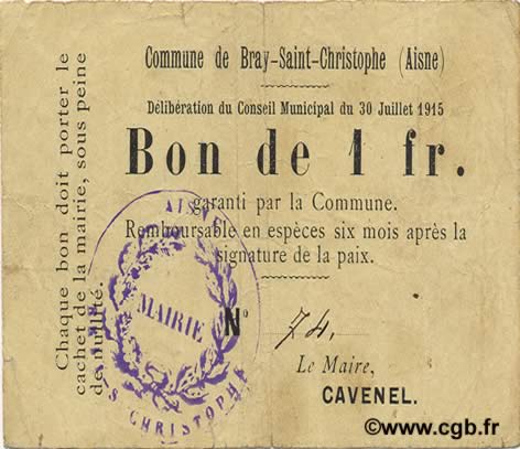 1 Franc FRANCE regionalismo e varie  1915 JP.02-0366 q.BB