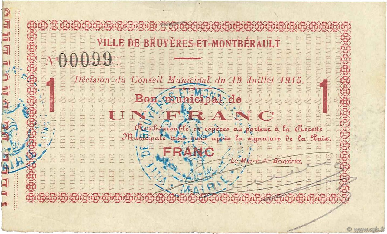 1 Franc FRANCE regionalism and various  1915 JP.02-0377 VF
