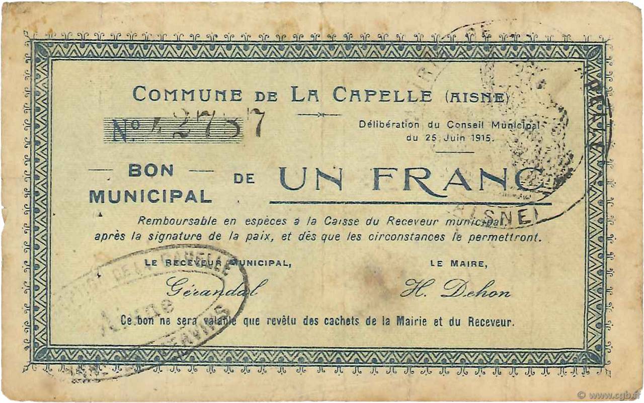 1 Franc FRANCE regionalismo e varie  1915 JP.02-0398 MB