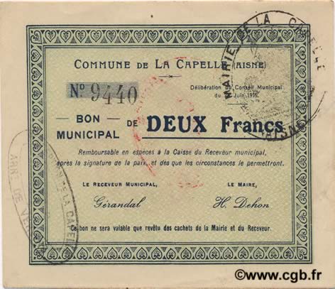 2 Francs FRANCE Regionalismus und verschiedenen  1915 JP.02-0399 fST