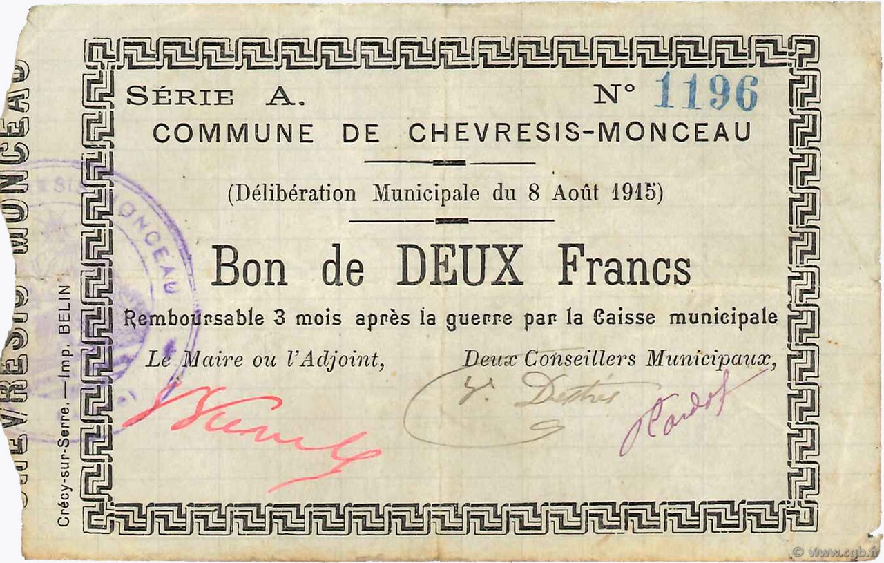 2 Francs FRANCE regionalismo y varios  1915 JP.02-0494 MBC