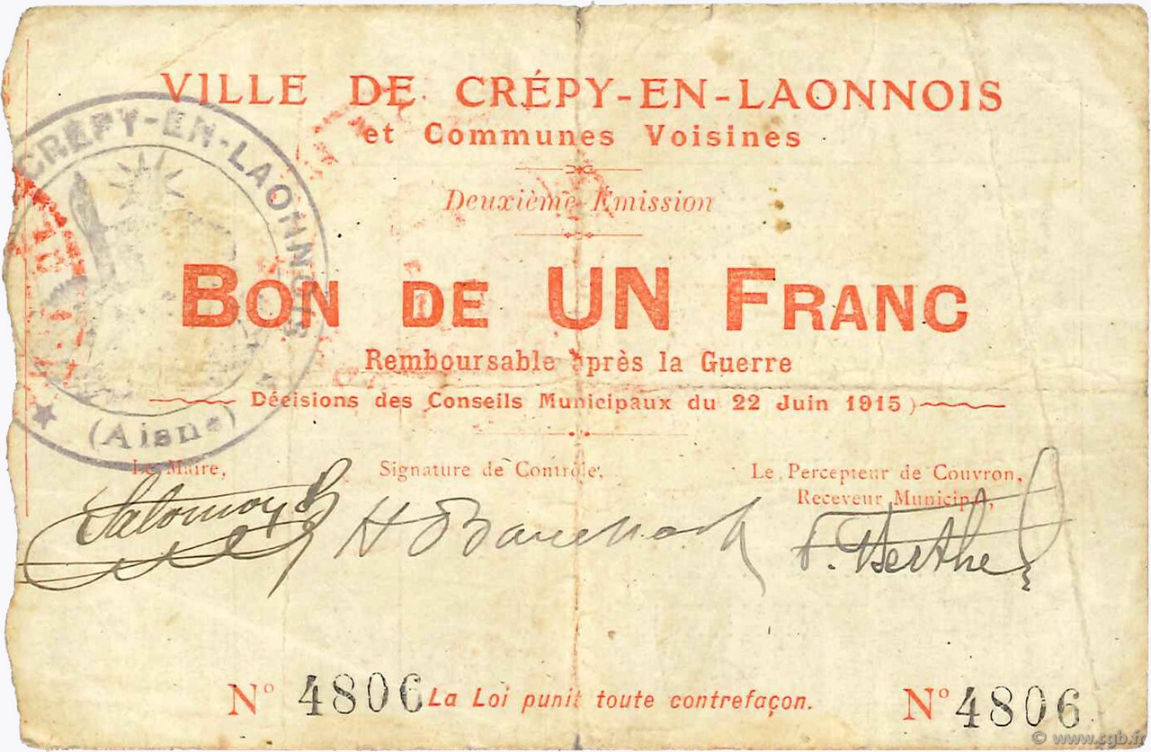 1 Franc FRANCE Regionalismus und verschiedenen  1915 JP.02-0542 S