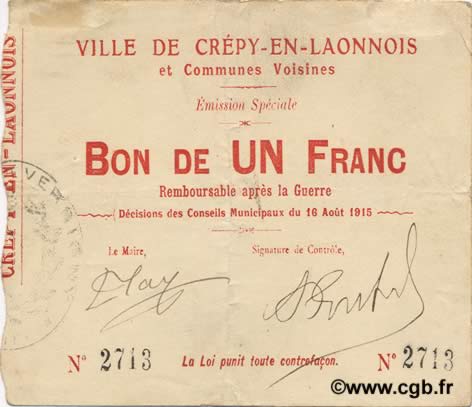 1 Franc FRANCE regionalism and miscellaneous  1915 JP.02-0547 VF+