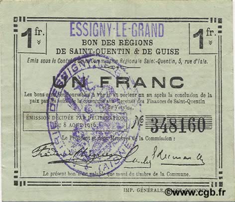 1 Franc FRANCE regionalismo e varie  1916 JP.02-0679.SQG BB