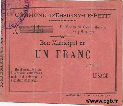 1 Franc FRANCE regionalism and various  1915 JP.02-0682 F+