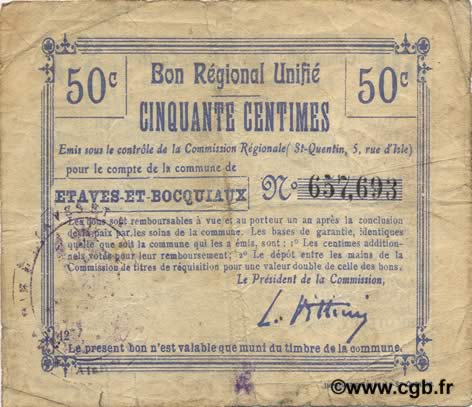 50 Centimes FRANCE regionalism and miscellaneous  1916 JP.02-0732.BRU F