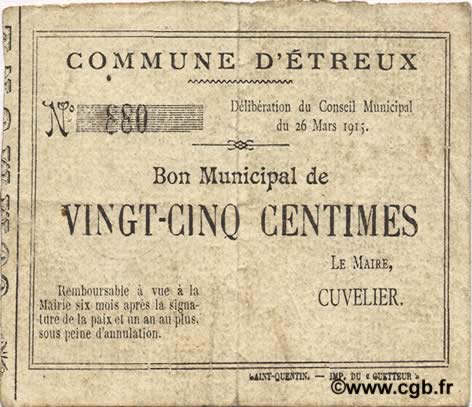 25 Centimes FRANCE Regionalismus und verschiedenen  1915 JP.02-0762 fSS
