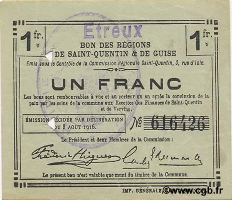 1 Franc FRANCE Regionalismus und verschiedenen  1916 JP.02-0773.SQG SS