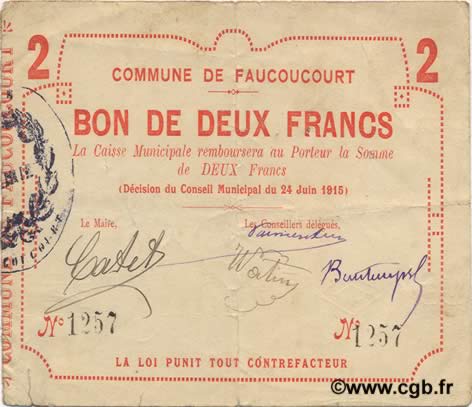 2 Francs FRANCE Regionalismus und verschiedenen  1915 JP.02-0780 SS