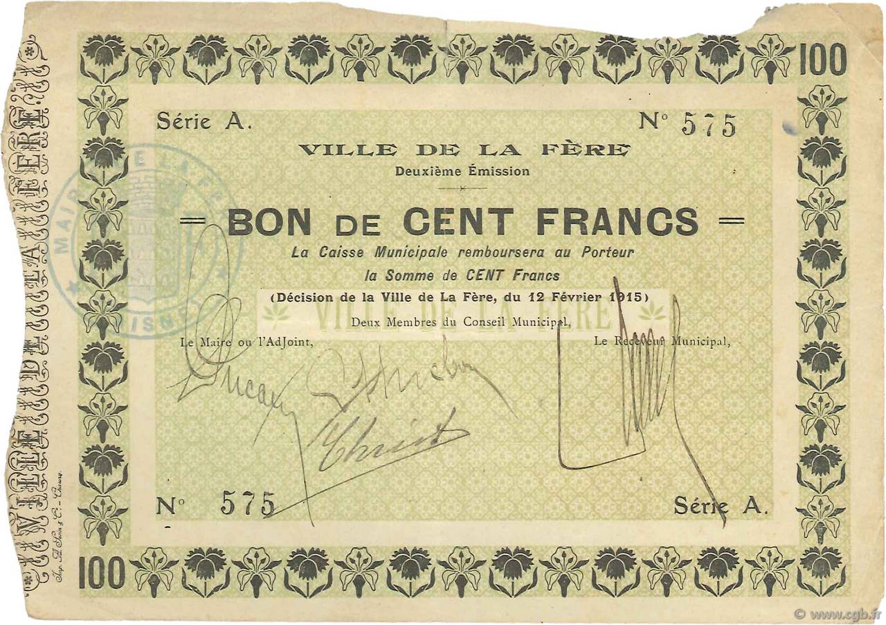 100 Francs FRANCE regionalismo e varie  1915 JP.02-0798 BB