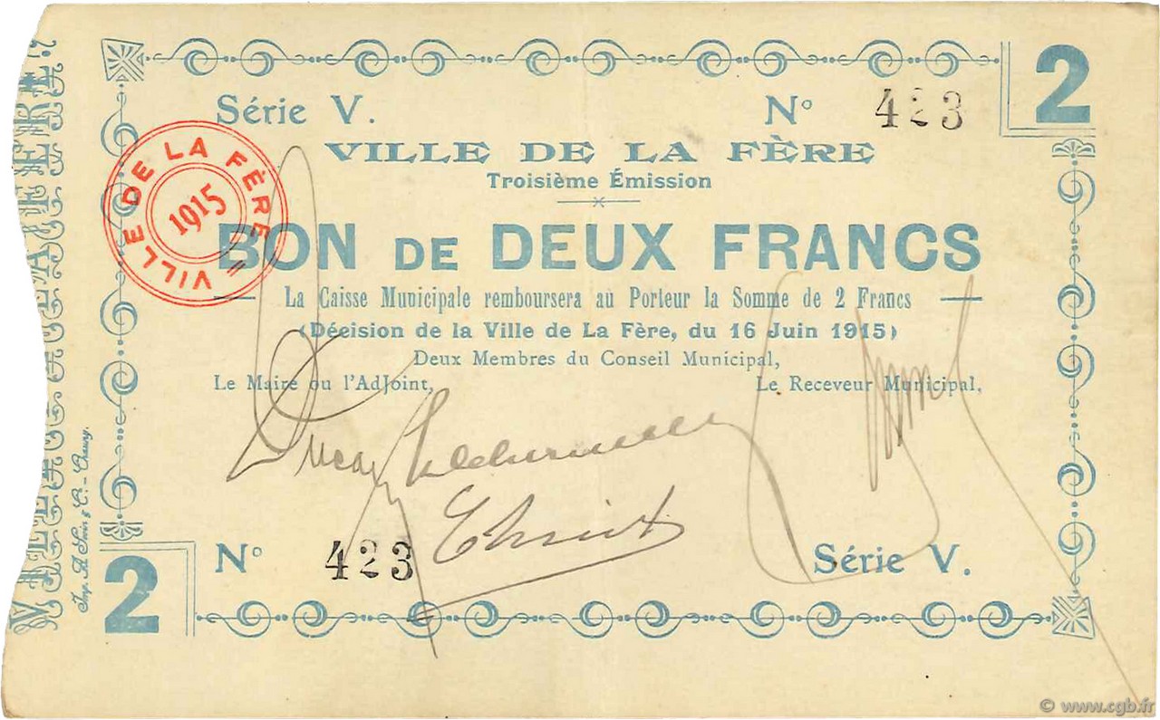 2 Francs FRANCE Regionalismus und verschiedenen  1915 JP.02-0801 SS