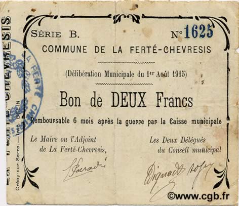 2 Francs FRANCE regionalismo e varie  1915 JP.02-0821 BB