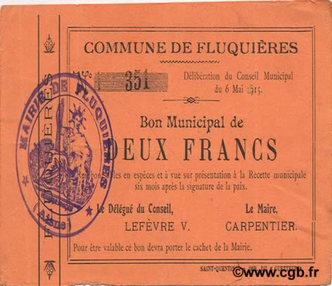 2 Francs FRANCE Regionalismus und verschiedenen  1915 JP.02-0905 SS