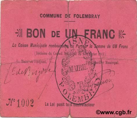 1 Franc FRANCE regionalismo e varie  1915 JP.02-0915 MB