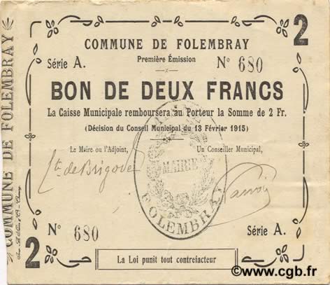 2 Francs FRANCE regionalismo e varie  1915 JP.02-0916 BB