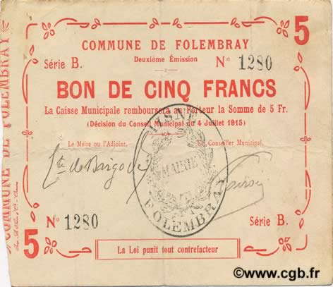 5 Francs FRANCE regionalism and various  1915 JP.02-0925 VF+