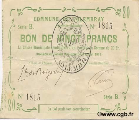 20 francs FRANCE Regionalismus und verschiedenen  1915 JP.02-0927 fVZ