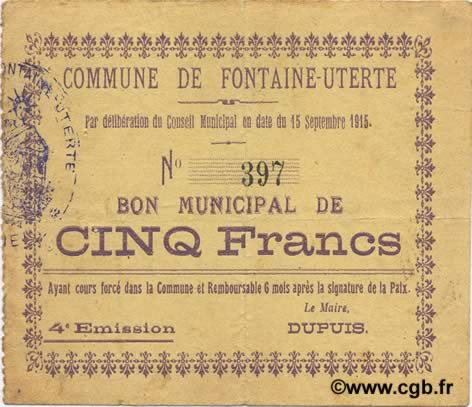 5 Francs FRANCE Regionalismus und verschiedenen  1915 JP.02-0957 SS