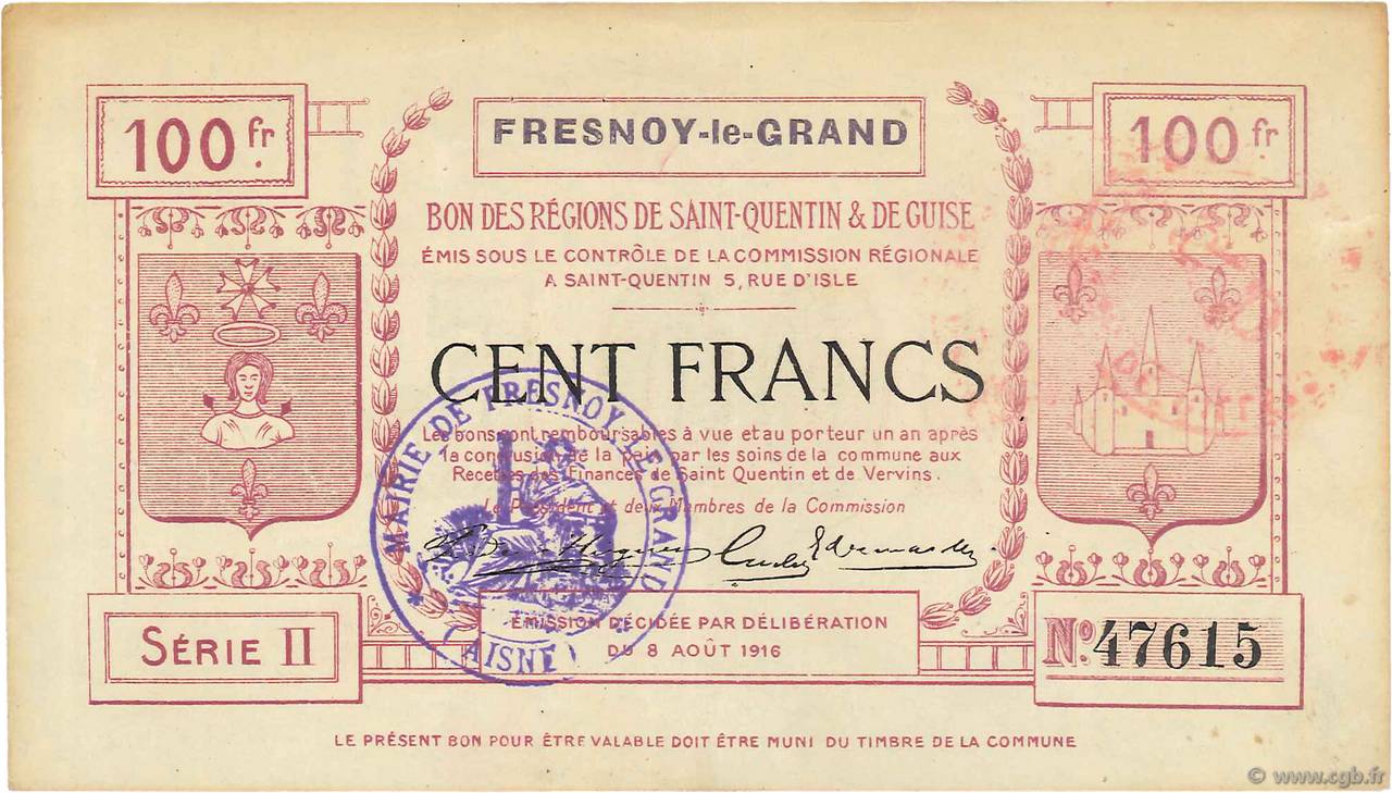 100 Francs FRANCE Regionalismus und verschiedenen  1916 JP.02-1023.SQG fVZ