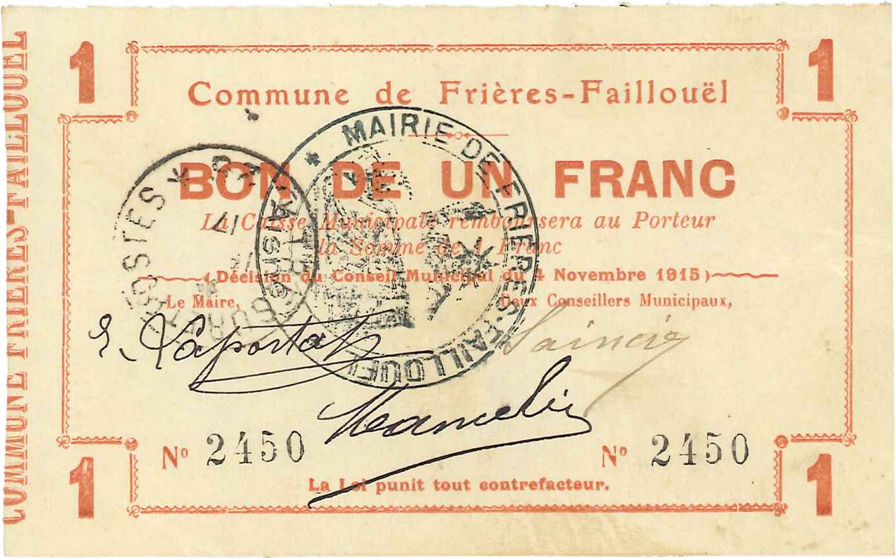 1 Franc FRANCE regionalism and various  1915 JP.02-1031 VF+