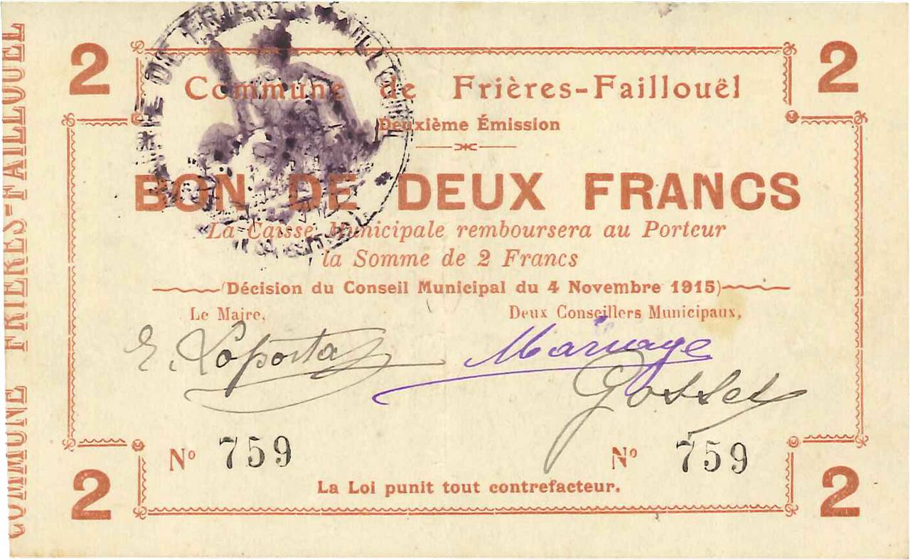 2 Francs FRANCE Regionalismus und verschiedenen  1915 JP.02-1035 SS