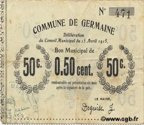 50 Centimes FRANCE regionalismo y varios  1915 JP.02-1051 MBC