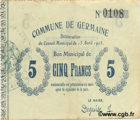 5 Francs FRANCE Regionalismus und verschiedenen  1915 JP.02-1054 fVZ