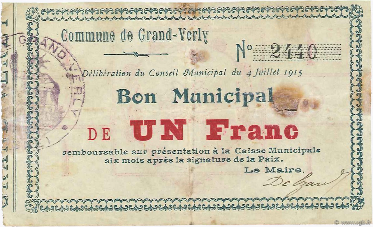 1 Franc FRANCE regionalismo e varie  1915 JP.02-1079 MB