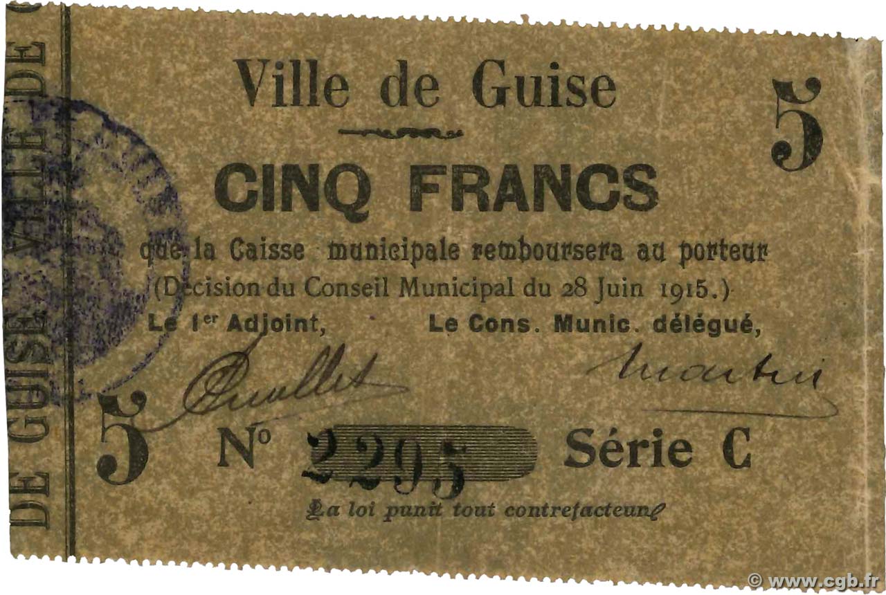 5 Francs FRANCE regionalismo y varios Guise 1915 JP.02-1111 MBC+