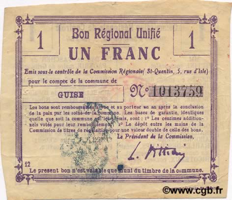 1 Franc FRANCE Regionalismus und verschiedenen  1916 JP.02-1123.BRU SS