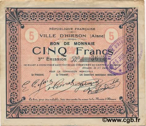 5 Francs FRANCE Regionalismus und verschiedenen  1915 JP.02-1183 SS