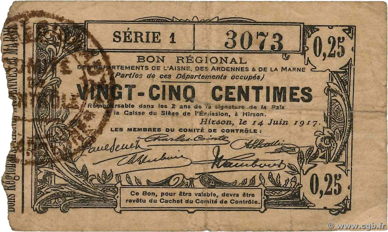 25 Centimes FRANCE regionalismo y varios Hirson 1917 JP.02-1194 RC+