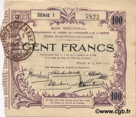 100 Francs FRANCE Regionalismus und verschiedenen  1917 JP.02-1201 fVZ