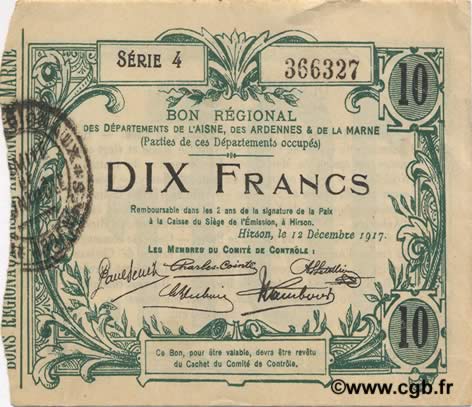 10 Francs FRANCE Regionalismus und verschiedenen  1917 JP.02-1206 VZ