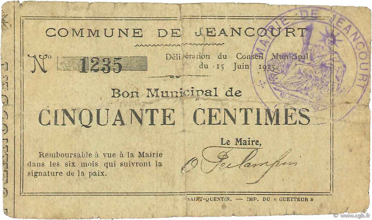50 Centimes FRANCE regionalism and various  1915 JP.02-1244 G
