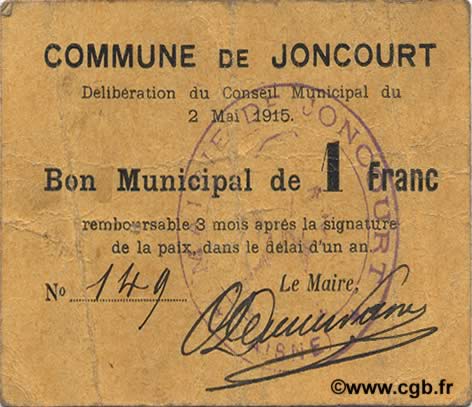 1 Franc FRANCE regionalism and various  1915 JP.02-1254 VF