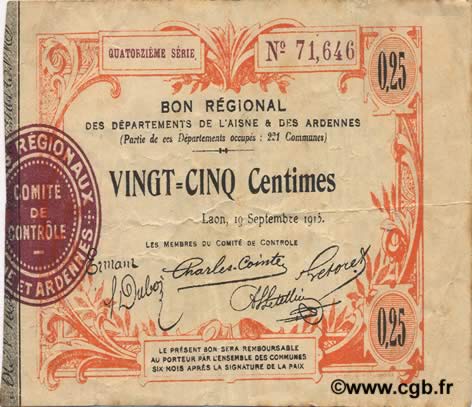 25 Centimes FRANCE regionalism and miscellaneous  1915 JP.02-1300 F