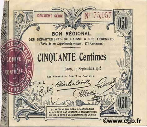 50 Centimes FRANCE Regionalismus und verschiedenen  1915 JP.02-1301 VZ