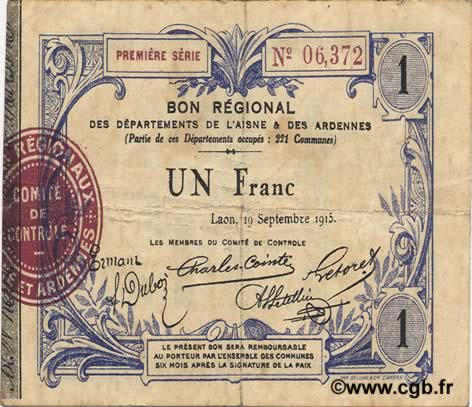 1 Franc FRANCE regionalism and various  1915 JP.02-1302 VF